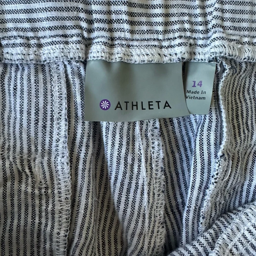 ATHLETA blue & white pinstriped 100% linen wide leg pants size 14 - Picture 6 of 7